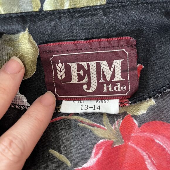 Vintage 1980s Retro Sheer Black Floral Cottagecore Midi Shirt Dress w/Pocket - Picture 8 of 11